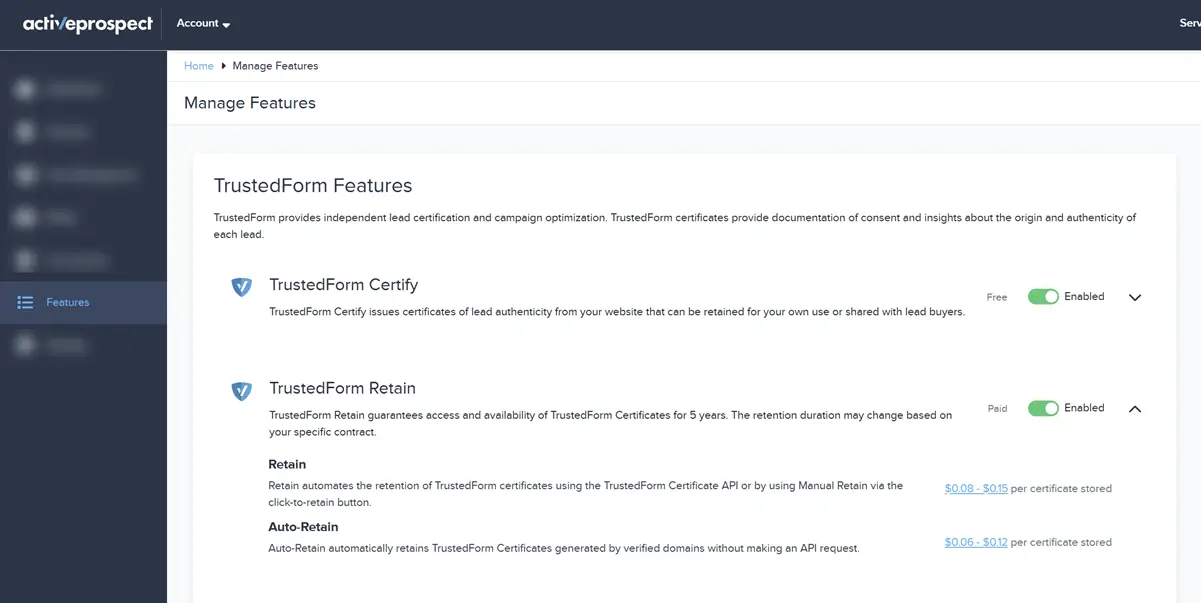 ActiveProspect Features section for enabling TrustedForm Retain feature