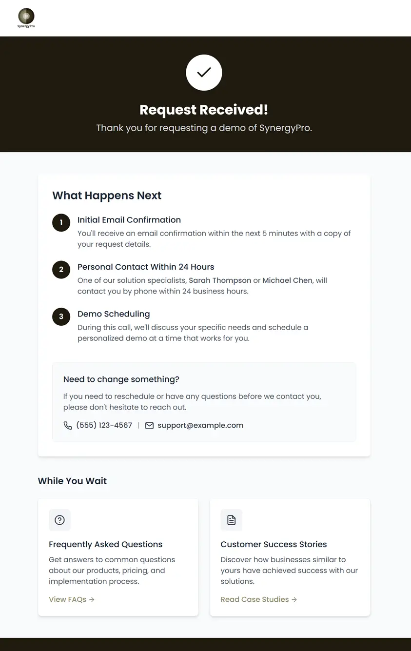 Contact/Demo Thank You Page Example