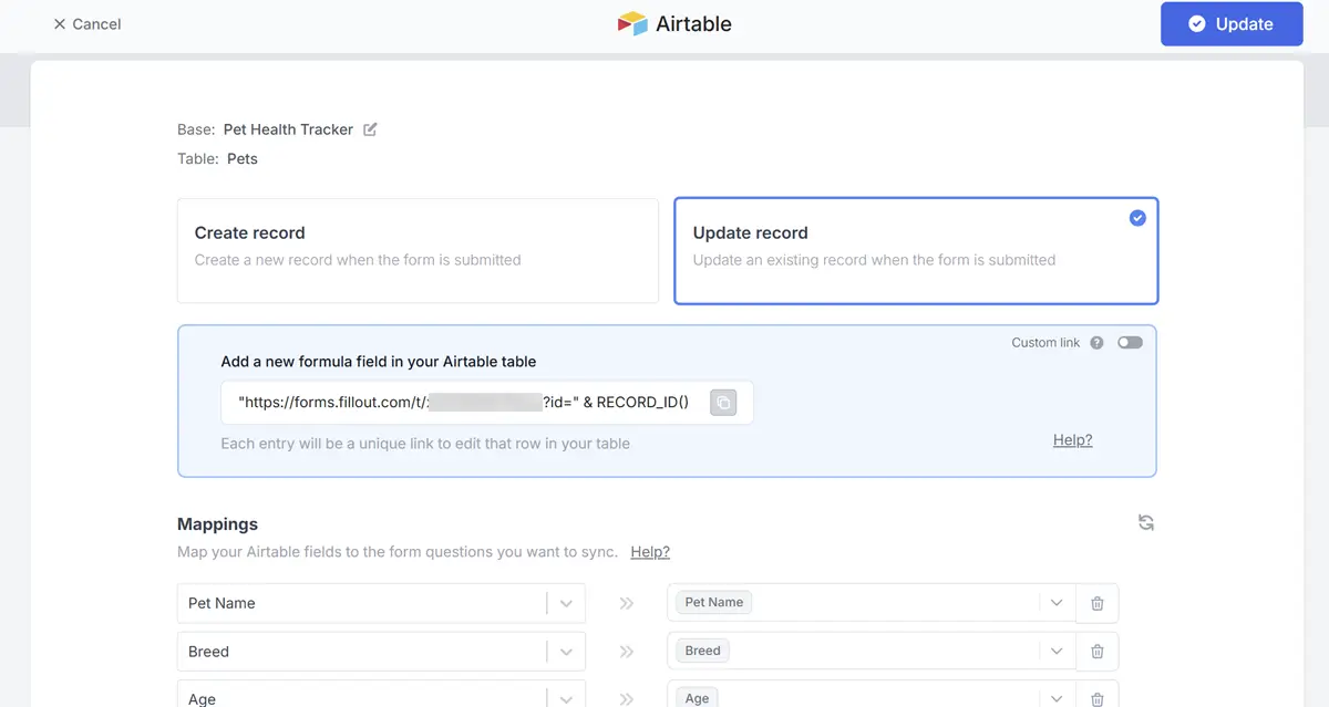 Airtable integration settings in Fillout