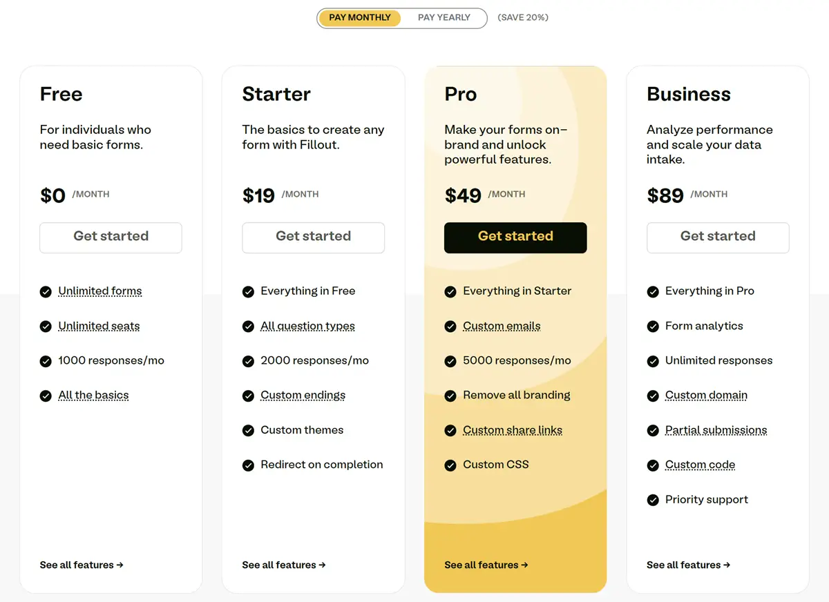 Fillout Forms pricing as of November 2025