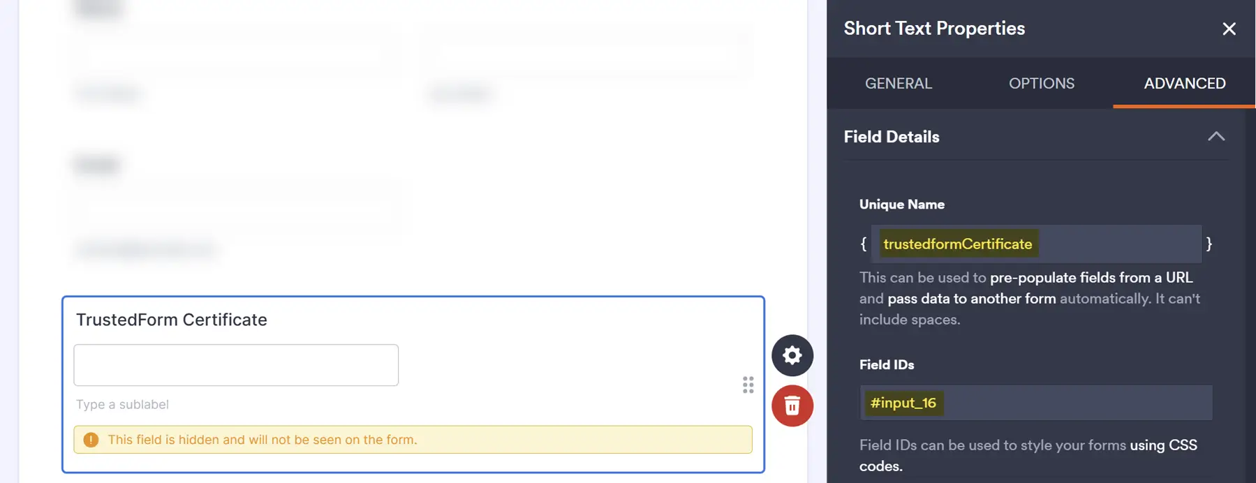 Jotform field settings showing Advanced tab with Field Details expanded, displaying Unique Name and Field ID