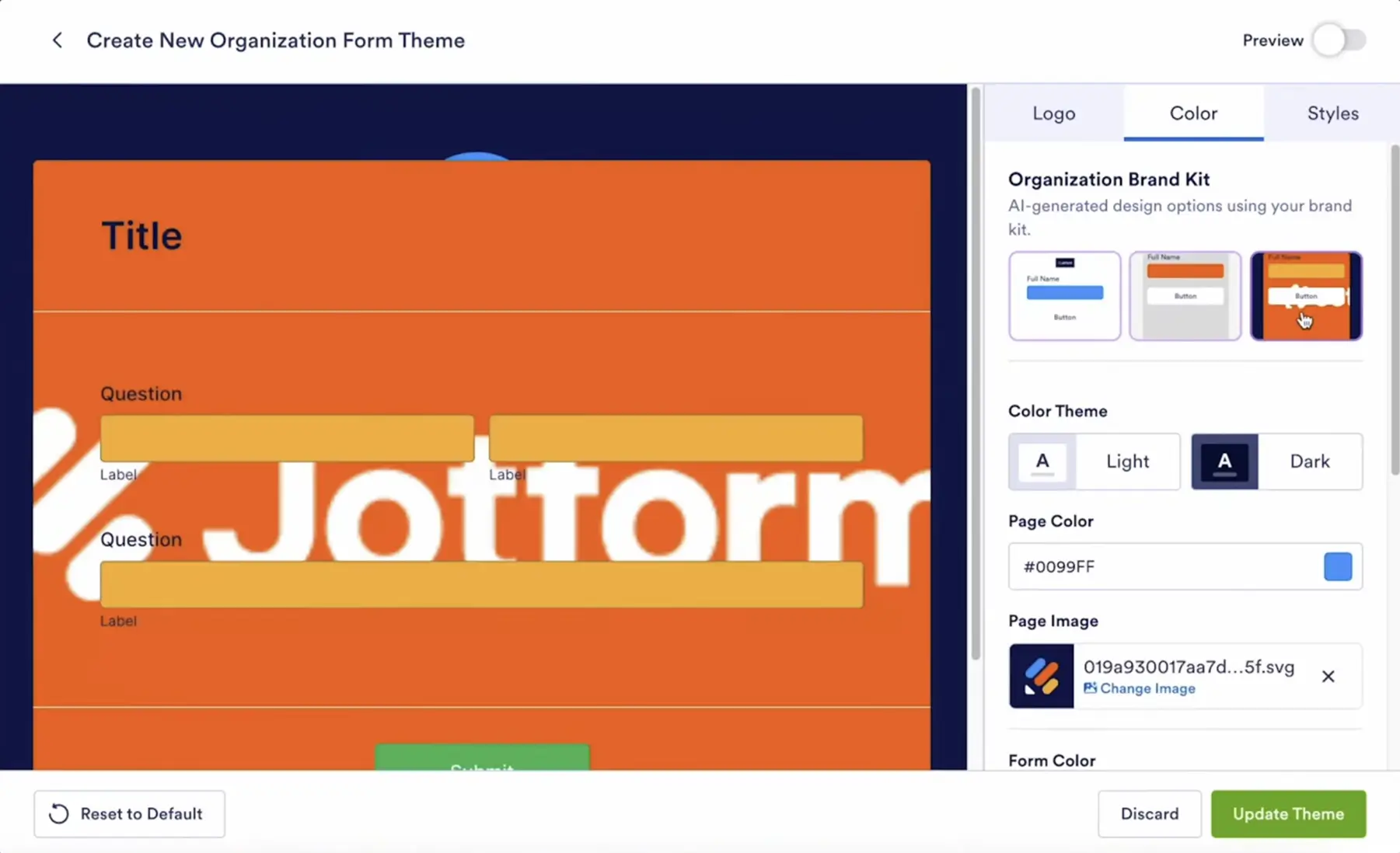 Jotform's AI-generated brand kit design for forms presented during live demo