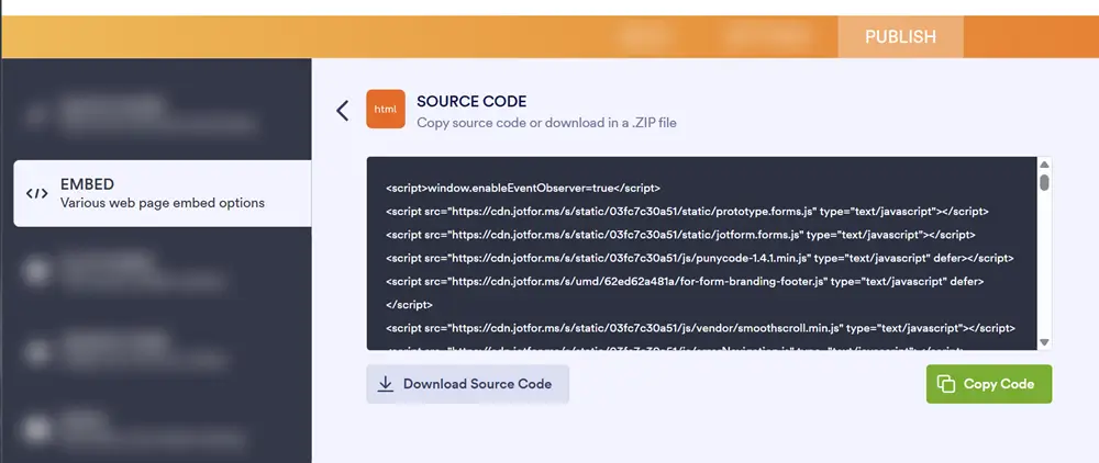 Jotform publish menu showing the Embed options with Source Code highlighted