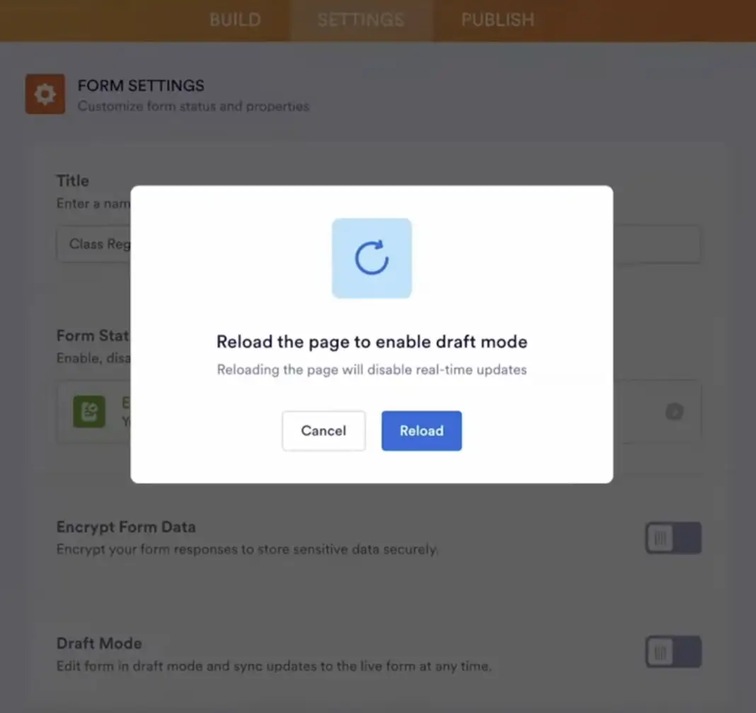 Jotform's draft & publish feature as seen during live demo