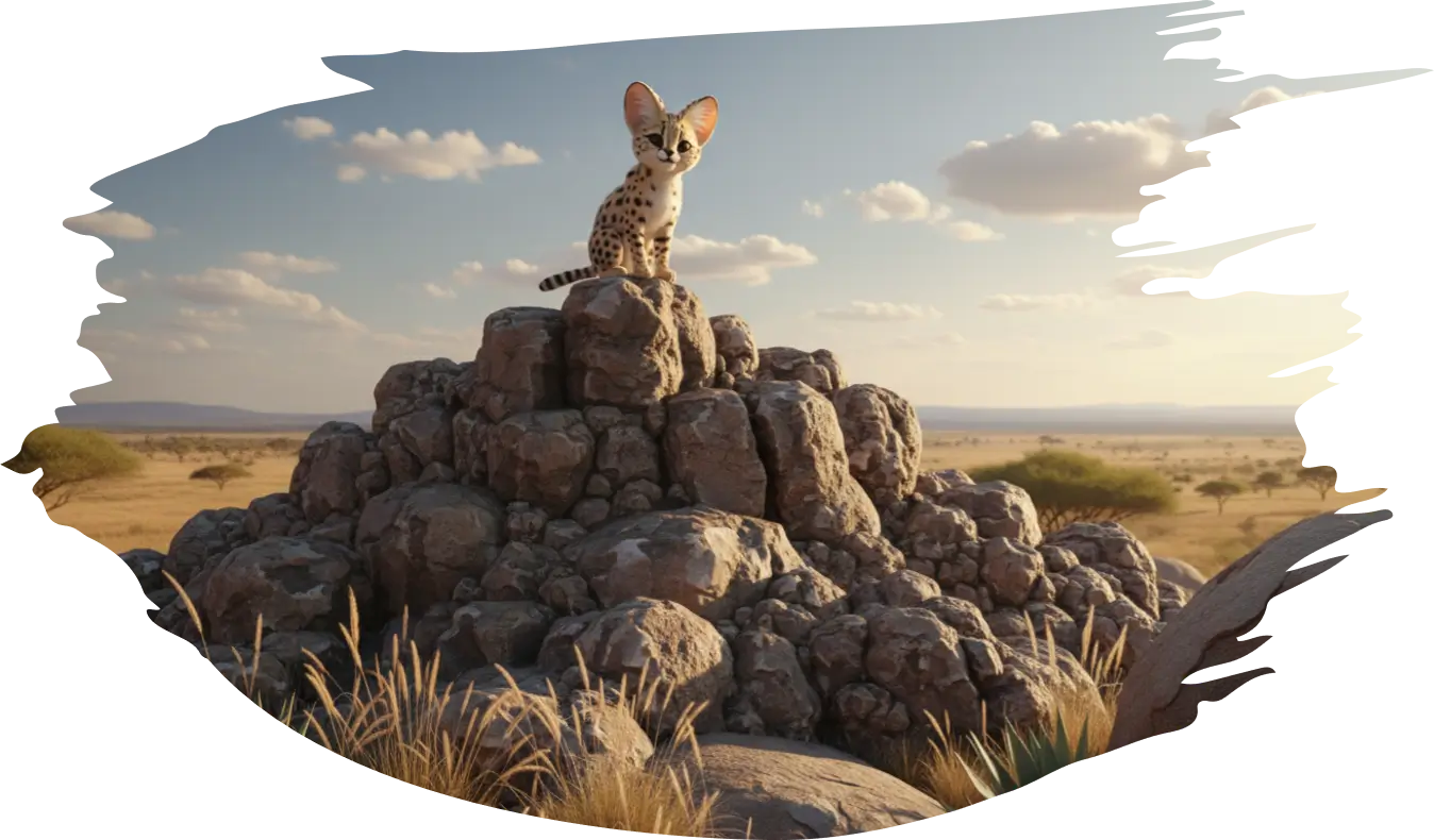 Kovu the serval sitting atop a kopje, overlooking the vast African savanna landscape