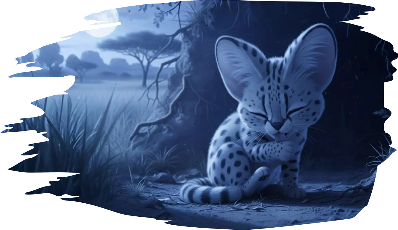 Kovu the serval kitten grooming, meticulously cleaning with focused attention