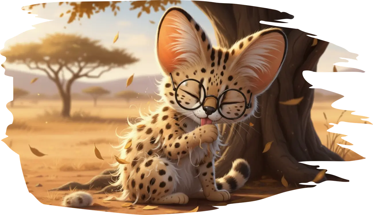 Kovu the serval during seasonal coat change, illustrating natural renewal and cleanup processes