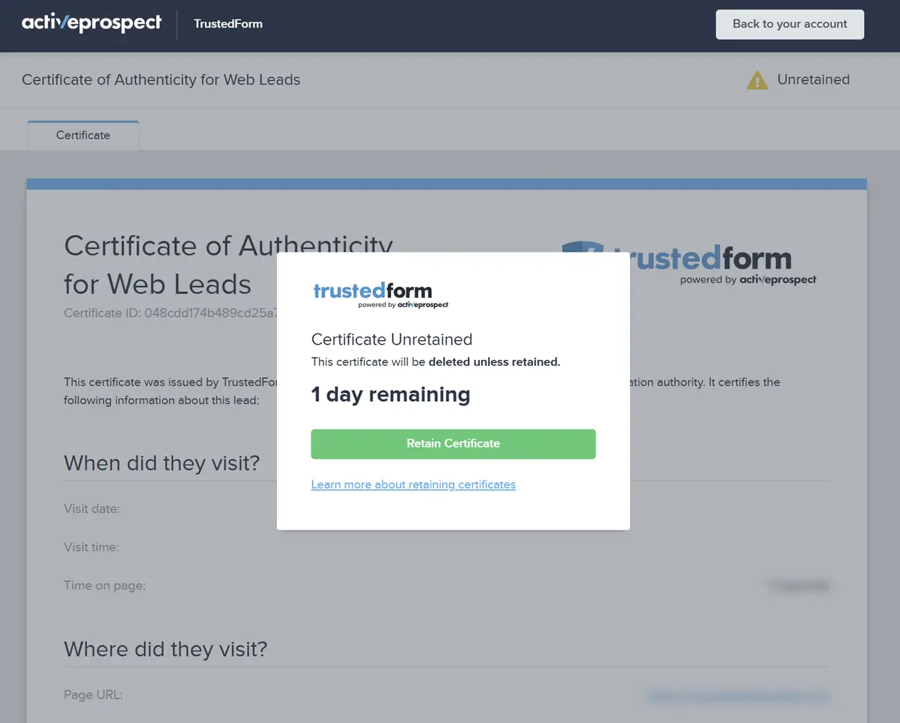 TrustedForm page showing unretained certificate with a dialog box for retaining the certificate